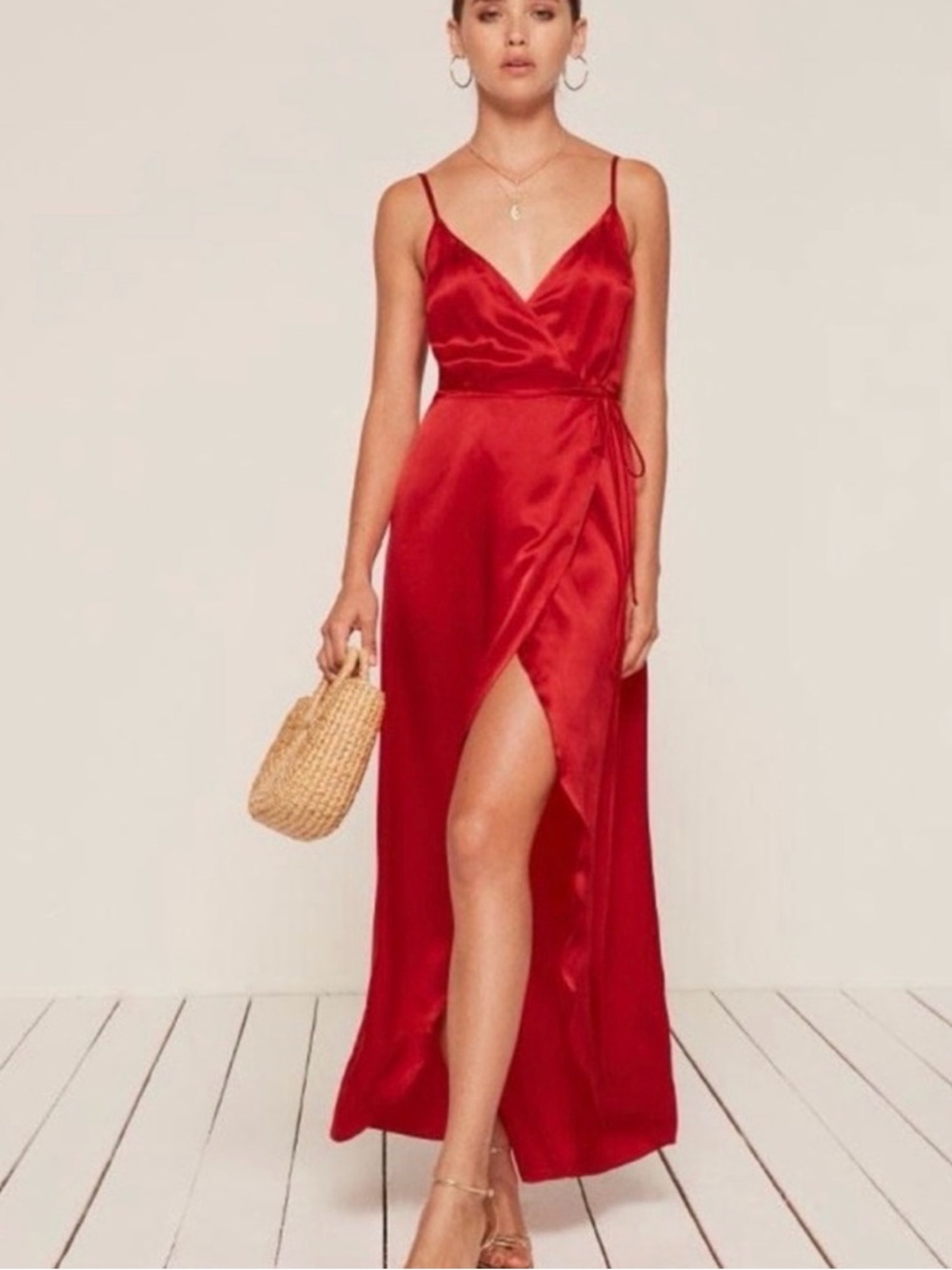 The Reformation Getty Red Silk Wrap Dress in size M